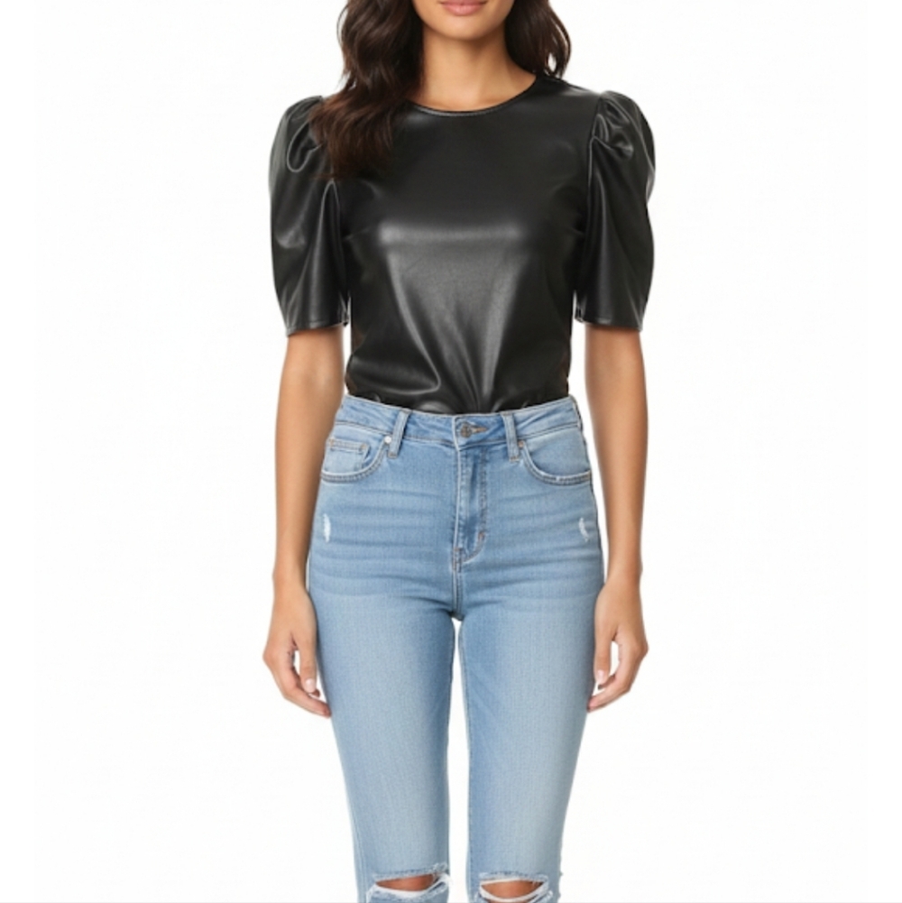 Cupcakes & Cashmere Black Boxy Faux Leather Blouse with Puff Sleeves